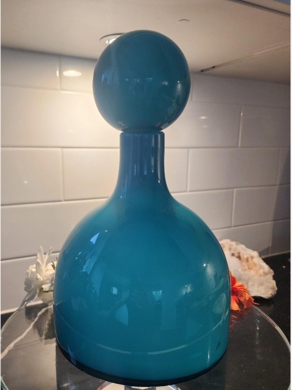 Mid-Century Modern Empoli-Style Art Glass Decanter with Ball Stopper – Deep Teal